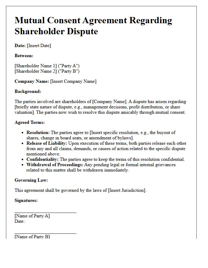 Shareholder Dispute Mutual Consent Letter