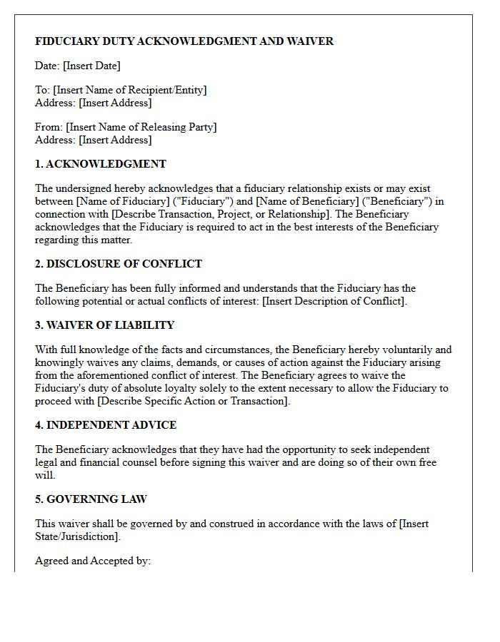 Fiduciary Duty Acknowledgment Waiver Letter