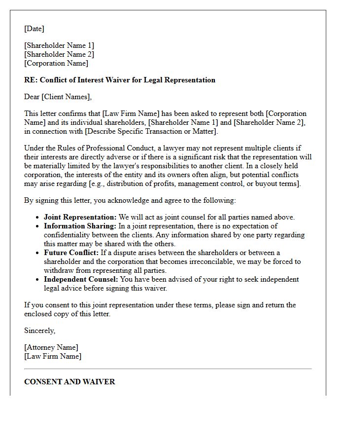 Closely Held Corporation Conflict Waiver Letter