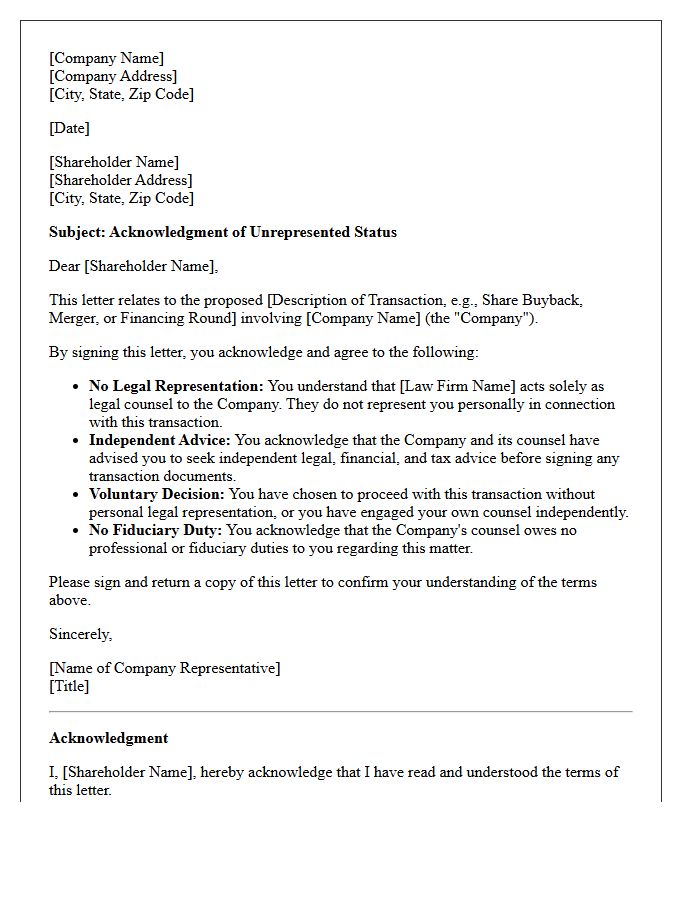 Unrepresented Shareholder Acknowledgment Letter