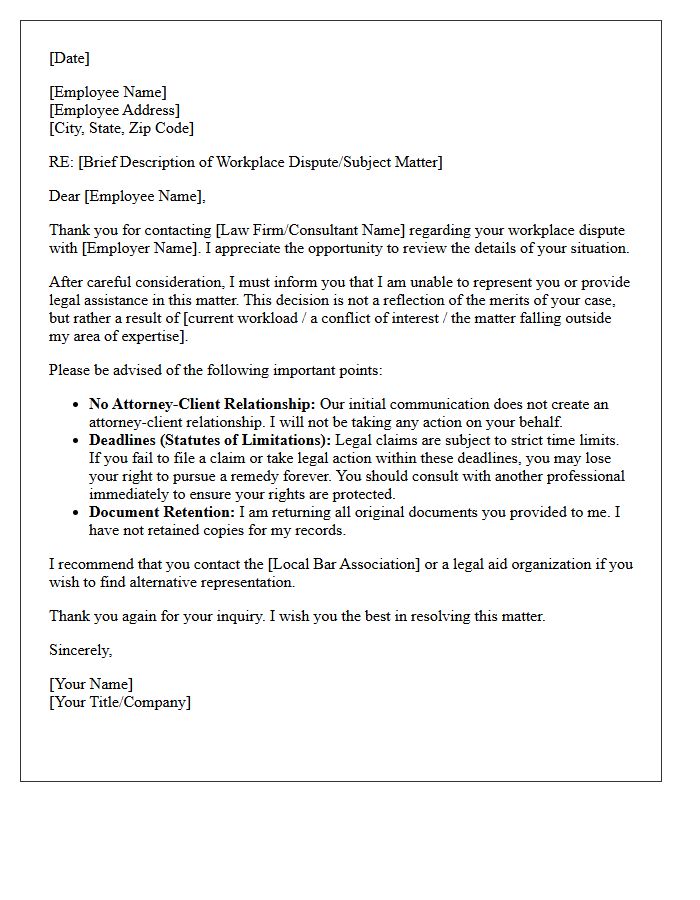Unrepresented Employee Workplace Dispute Non-Engagement Letter