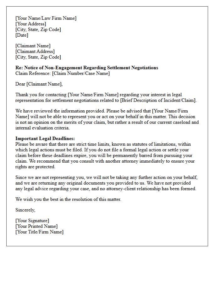 Unrepresented Claimant Settlement Negotiation Non-Engagement Letter