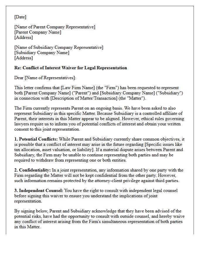 Standard Parent and Subsidiary Corporation Conflict Waiver Letter