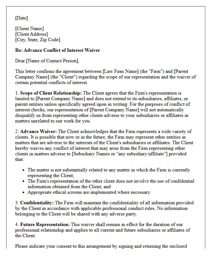 Advance Conflict Waiver Letter for Parent and Subsidiary Entities