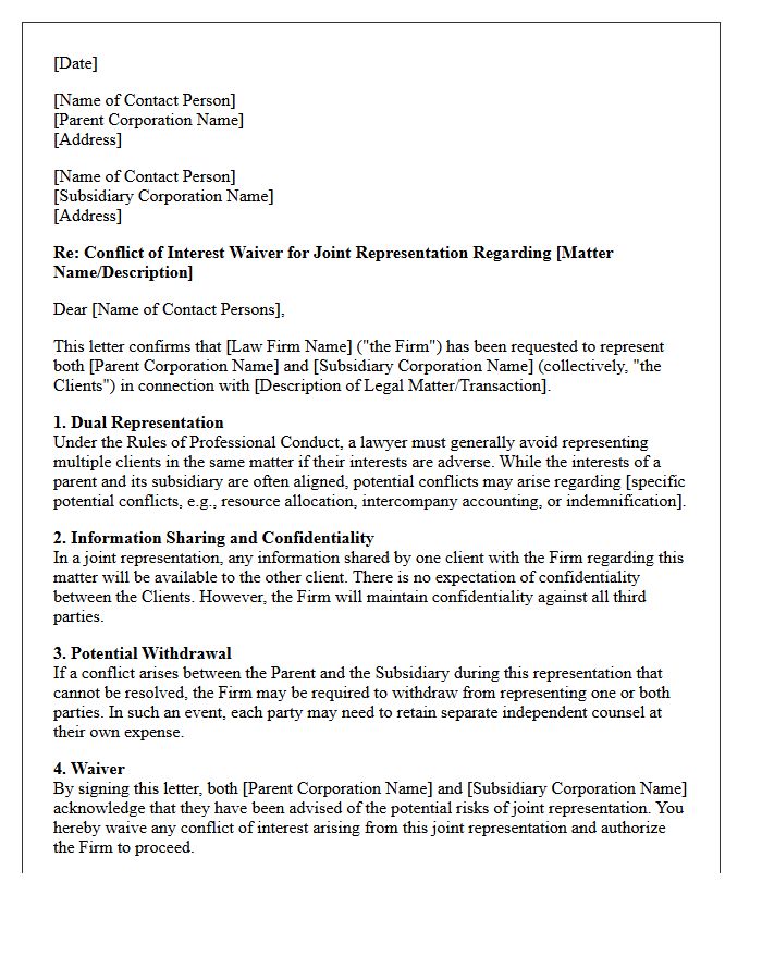 Joint Representation Conflict Waiver Letter for Parent and Subsidiary Corporations