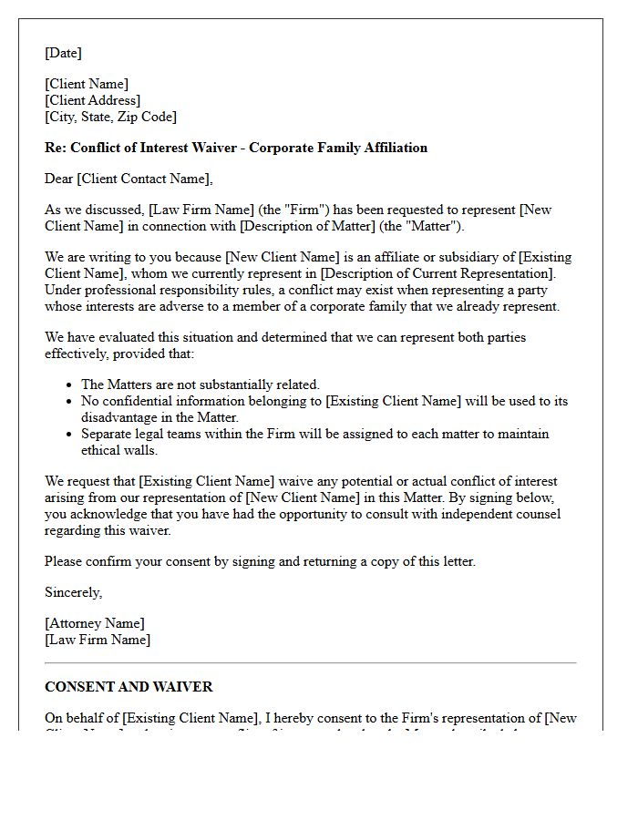 Corporate Family Affiliation Conflict Waiver Letter