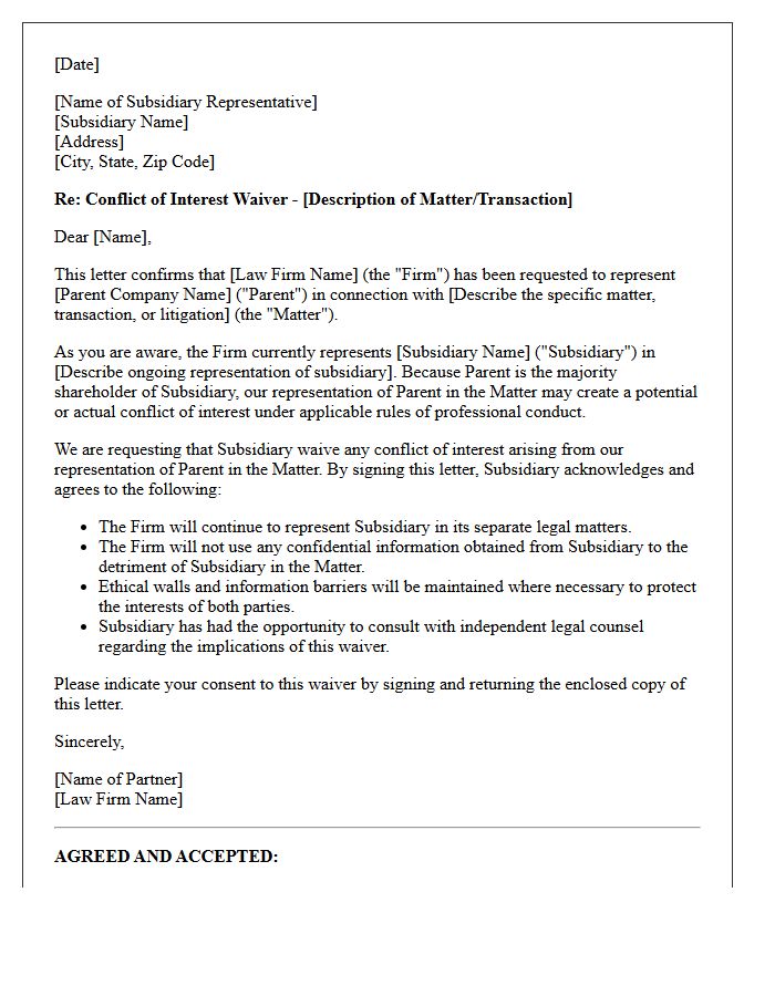 Subsidiary Specific Conflict Waiver Letter for Parent Company Matters