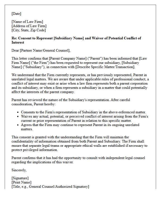 Parent Company Consent and Conflict Waiver Letter for Subsidiary Representation