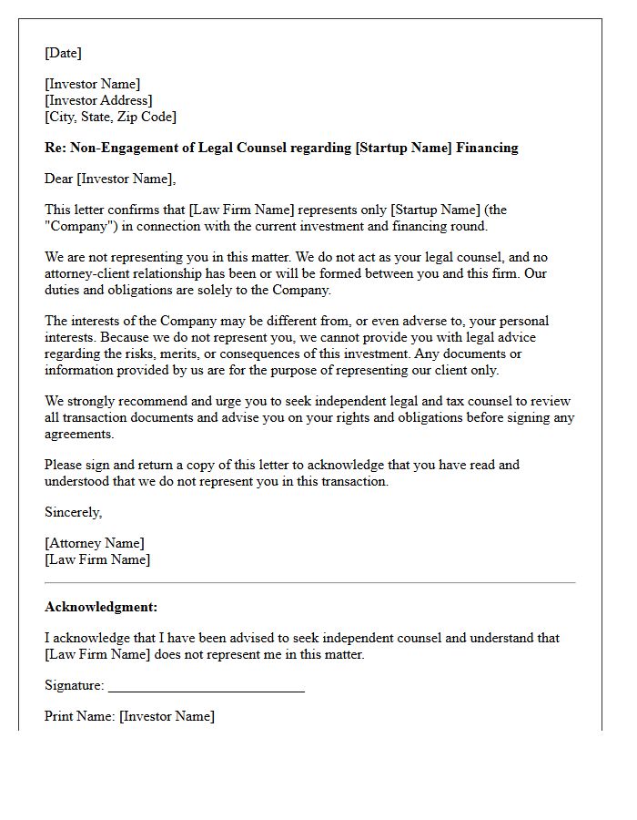 Unrepresented Investor Startup Financing Non-Engagement Letter