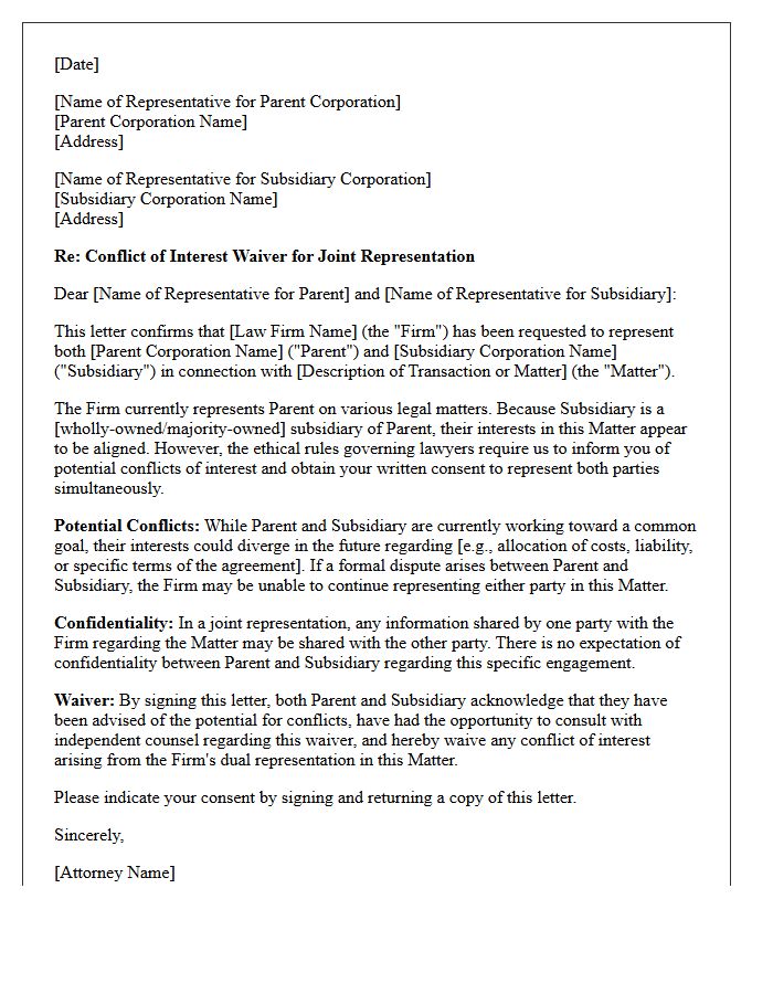 Mutual Conflict Waiver Letter Between Parent and Subsidiary Corporations