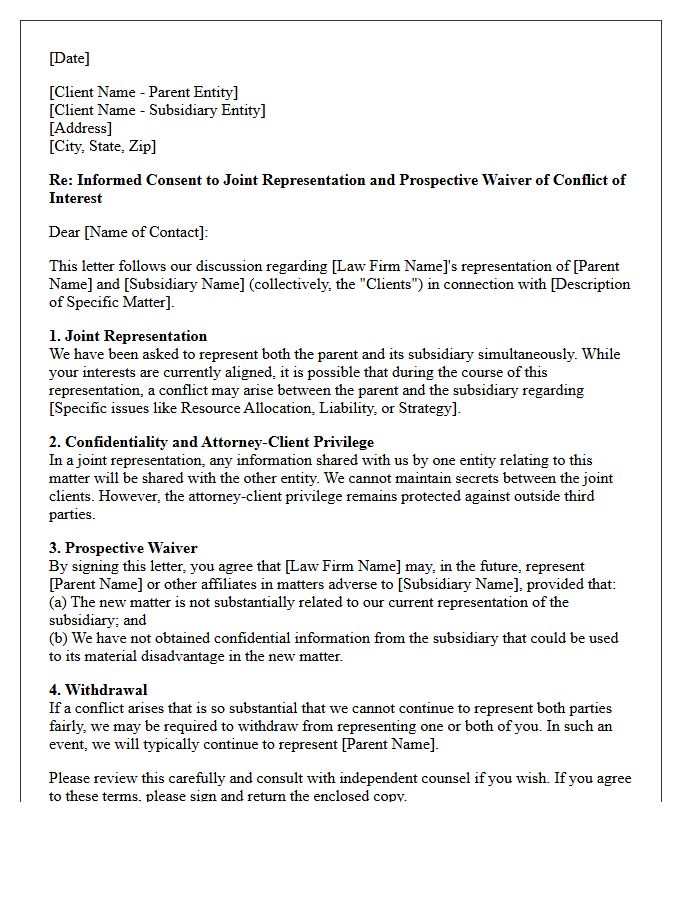 Prospective Conflict Waiver Letter for Parent and Subsidiary Clients