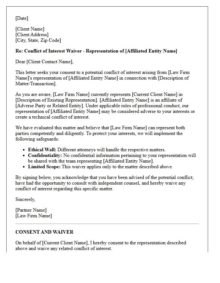 Affiliated Entity Conflict Waiver Letter for Law Firm Representation