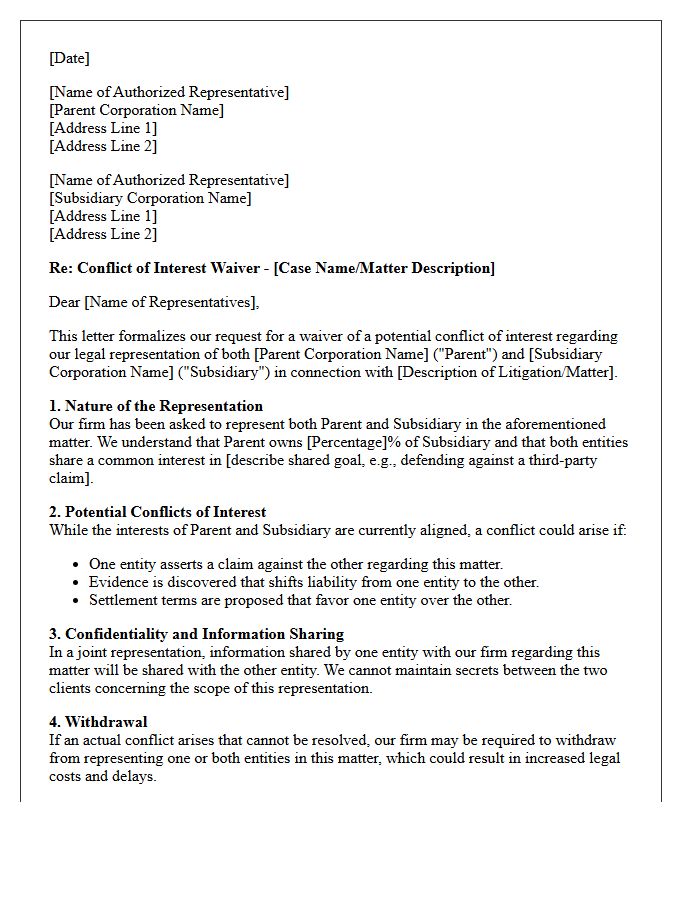 Parent and Subsidiary Corporation Litigation Conflict Waiver Letter