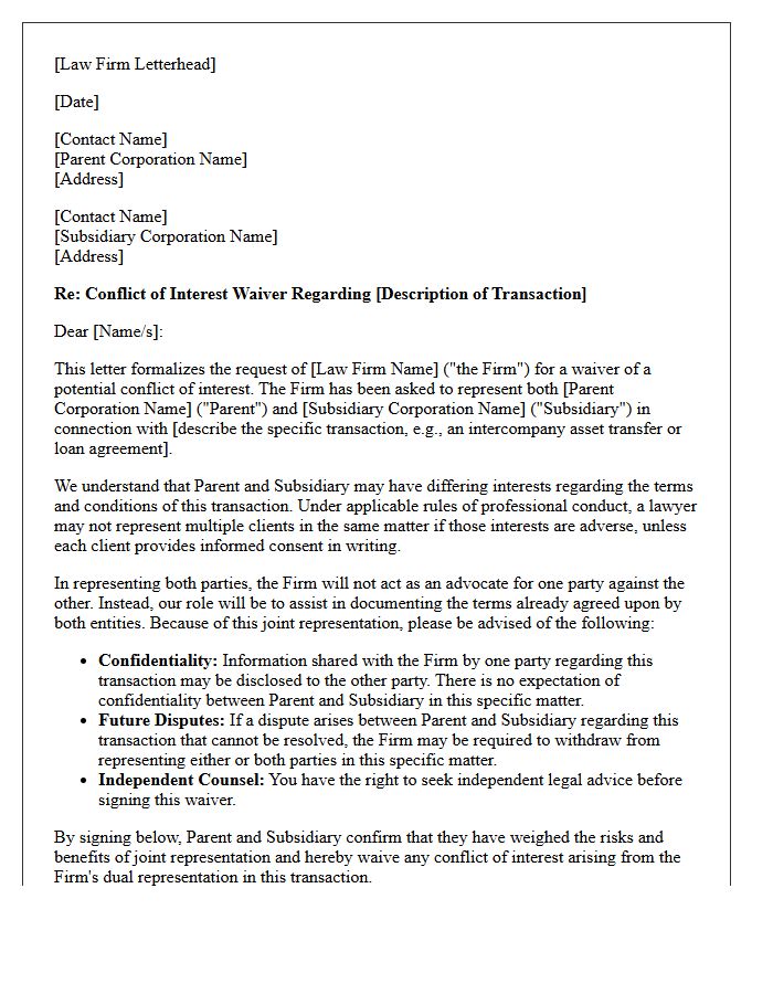Transactional Conflict Waiver Letter for Parent and Subsidiary Corporations