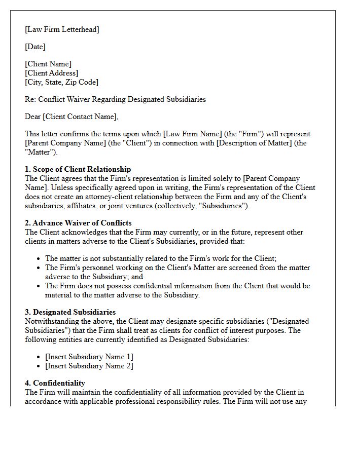 Designated Subsidiary Conflict Waiver Letter for Law Firm Engagements
