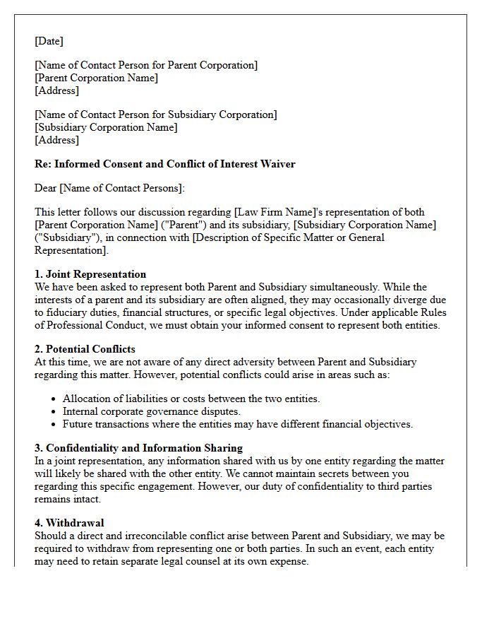 Parent and Subsidiary Corporation Informed Consent and Conflict Waiver Letter