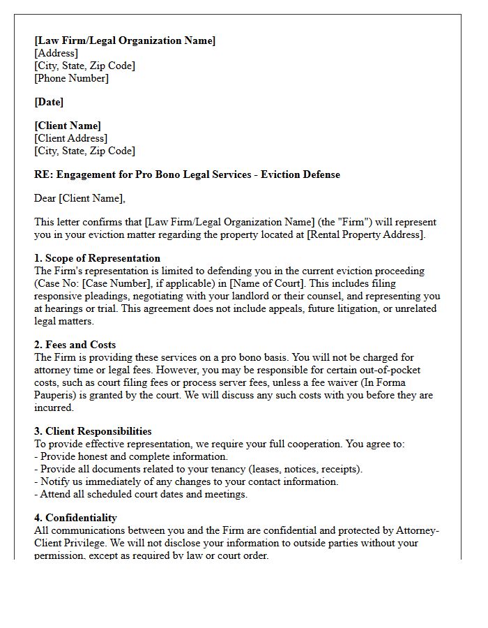 Eviction Defense Pro Bono Legal Services Engagement Letter