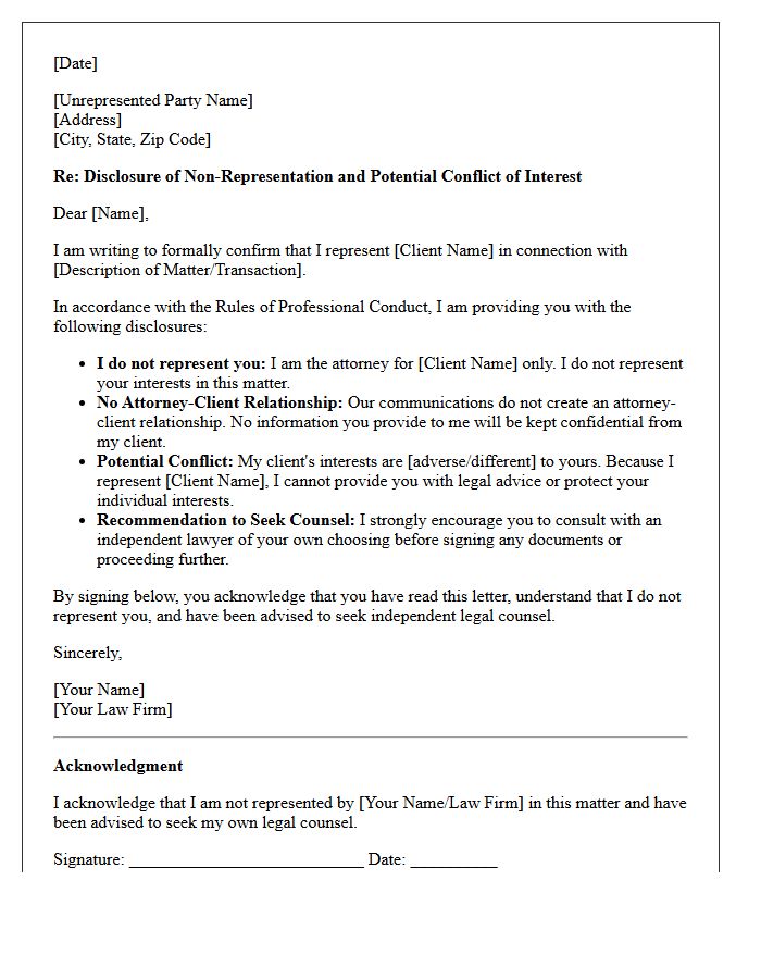 Unrepresented Party Conflict Disclosure Letter