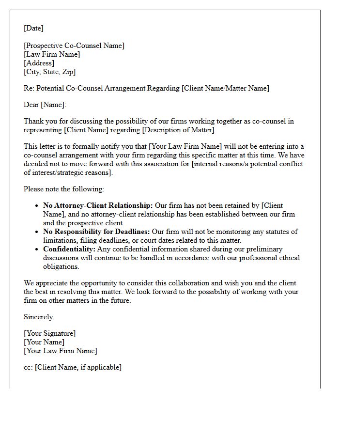 Standard Co-Counsel Arrangement Non-Engagement Letter