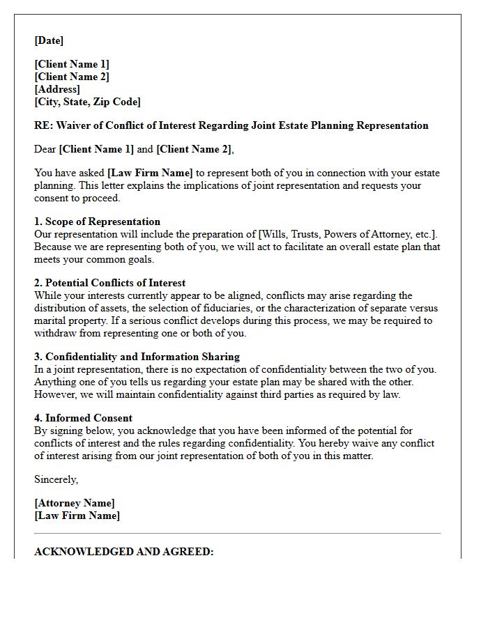Estate Planning Spousal Joint Representation Conflict Waiver Letter