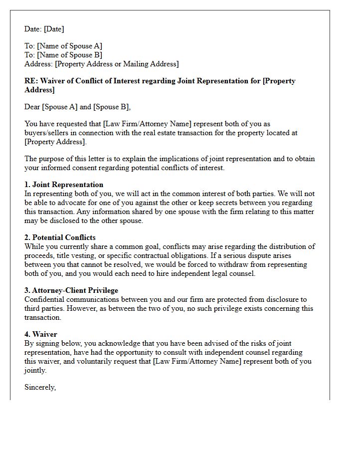 Real Estate Transaction Spousal Joint Representation Conflict Waiver Letter