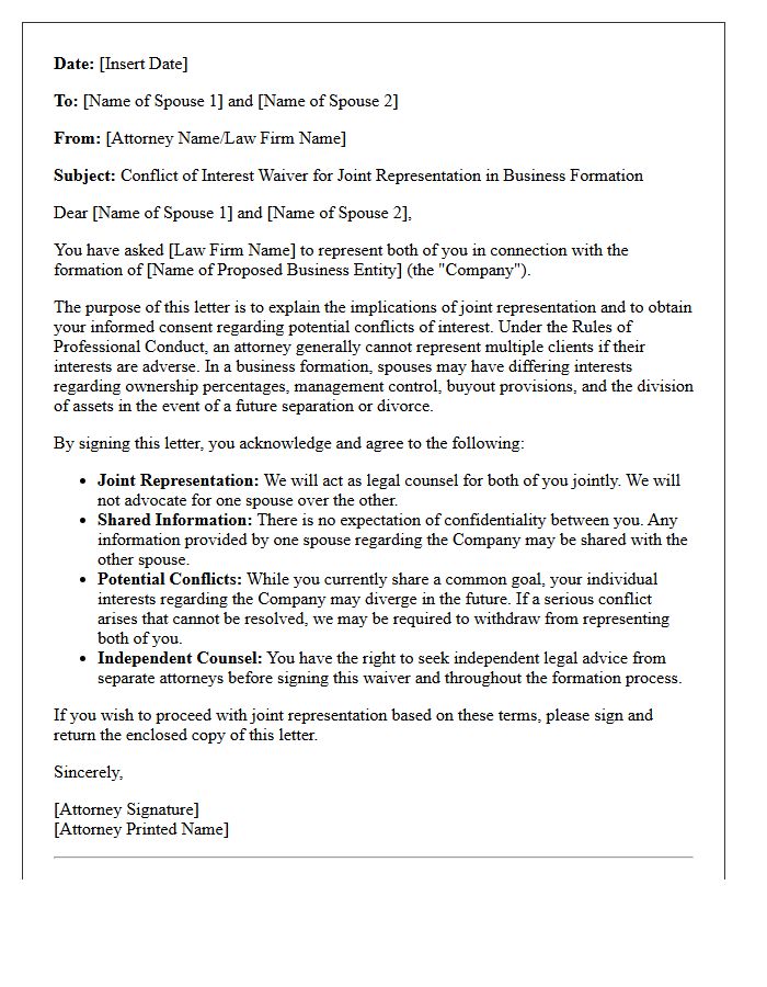 Business Formation Spousal Joint Representation Conflict Waiver Letter