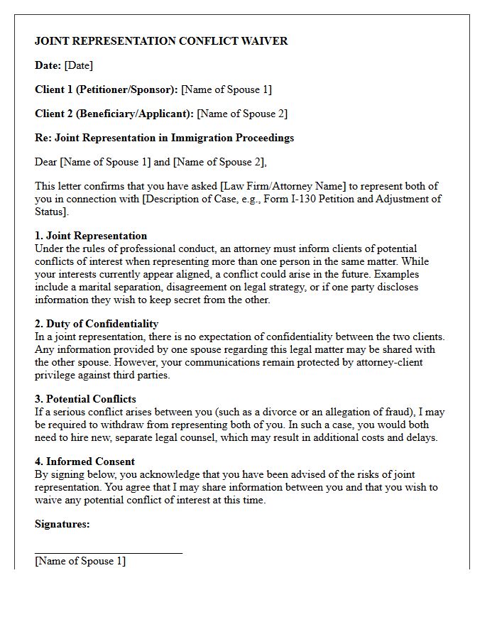 Immigration Proceeding Spousal Joint Representation Conflict Waiver Letter