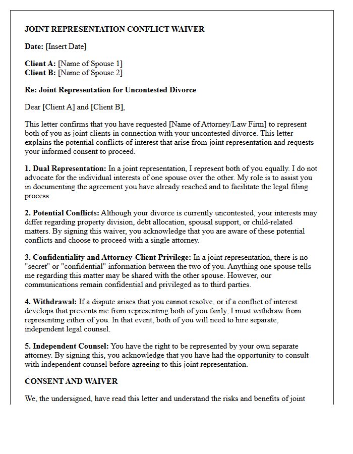 Uncontested Divorce Spousal Joint Representation Conflict Waiver Letter