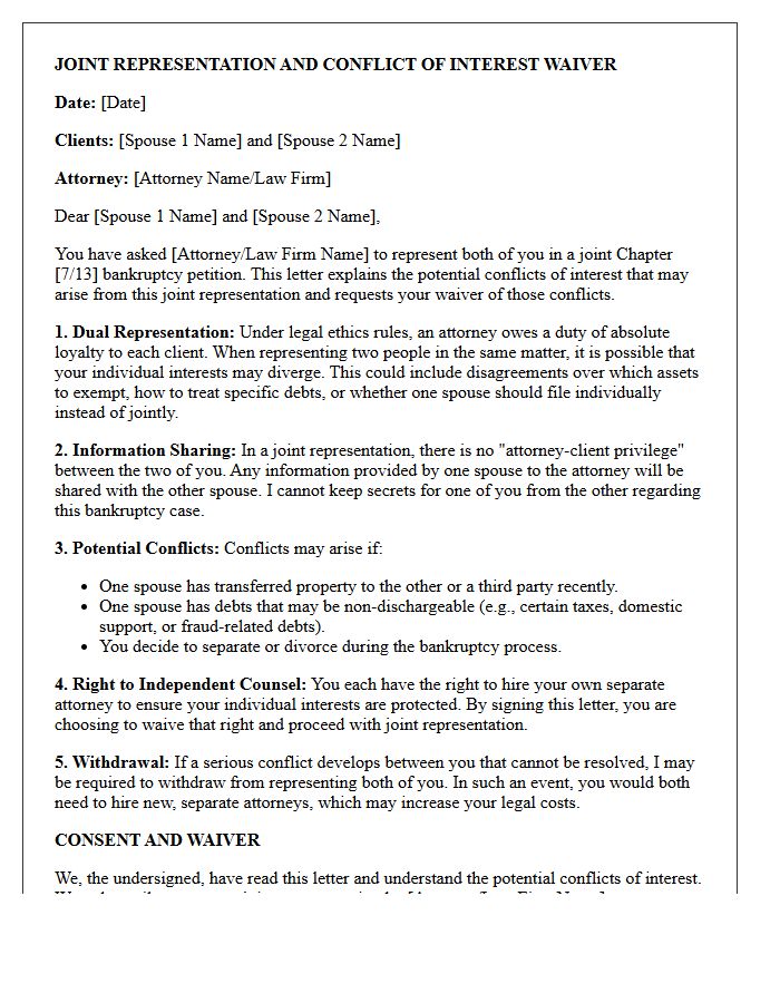 Joint Bankruptcy Petition Spousal Joint Representation Conflict Waiver Letter