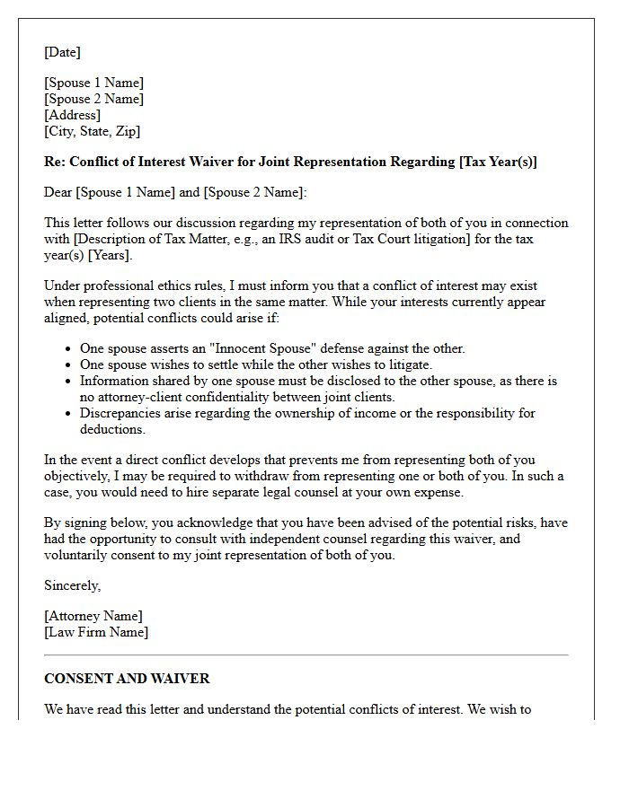 Tax Controversy Spousal Joint Representation Conflict Waiver Letter