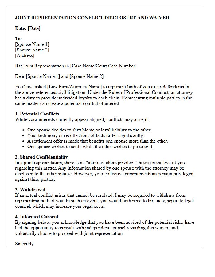 Civil Litigation Defense Spousal Joint Representation Conflict Waiver Letter