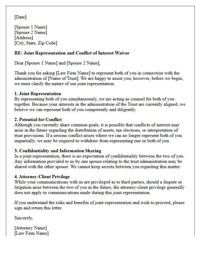 Trust Administration Spousal Joint Representation Conflict Waiver Letter