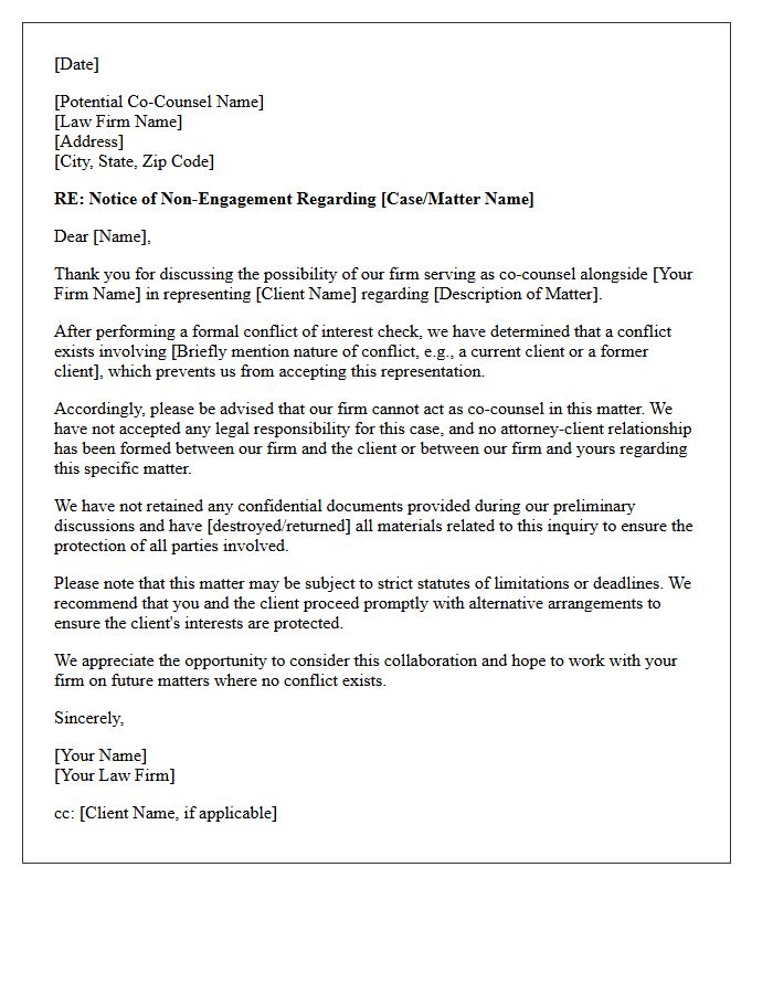 Conflict of Interest Co-Counsel Non-Engagement Letter
