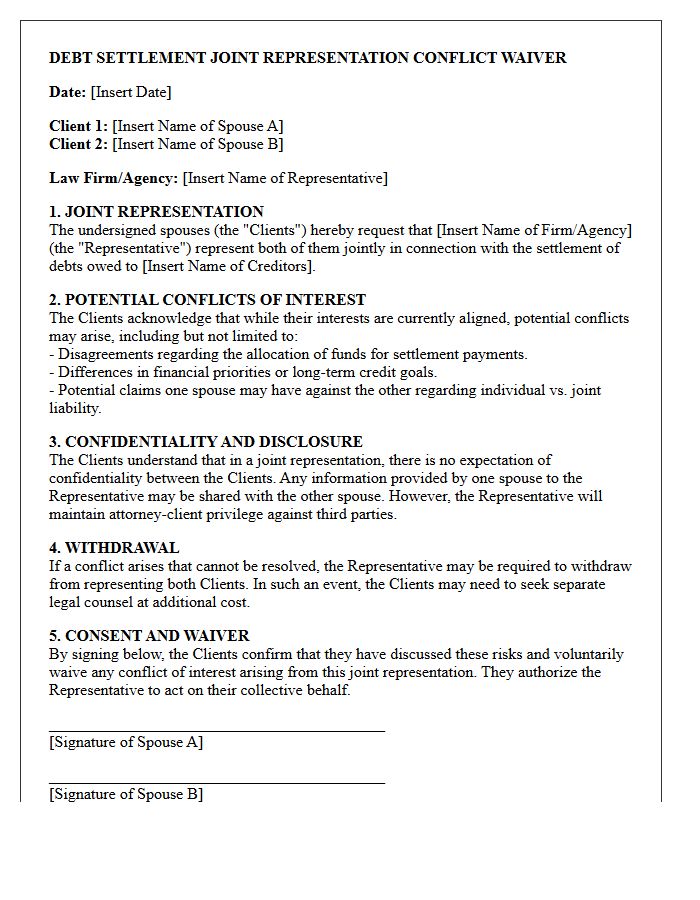 Debt Settlement Spousal Joint Representation Conflict Waiver Letter