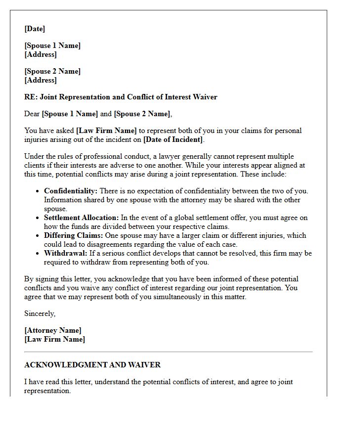 Personal Injury Claim Spousal Joint Representation Conflict Waiver Letter