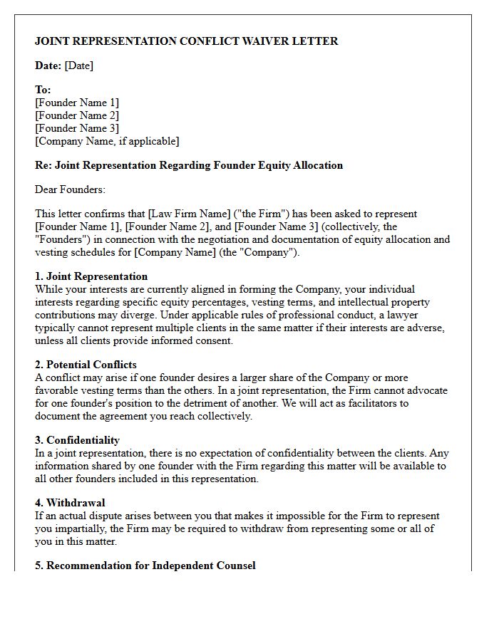 Founder Equity Allocation Joint Representation Conflict Waiver Letter