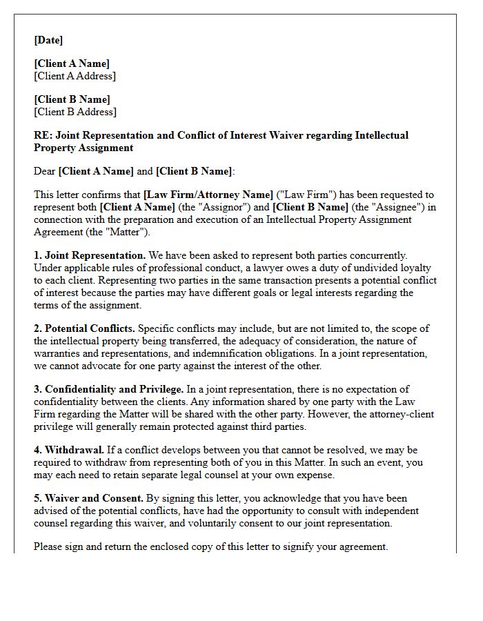 Intellectual Property Assignment Joint Representation Conflict Waiver Letter