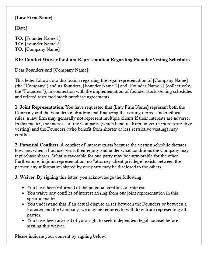 Founder Vesting Schedule Joint Representation Conflict Waiver Letter