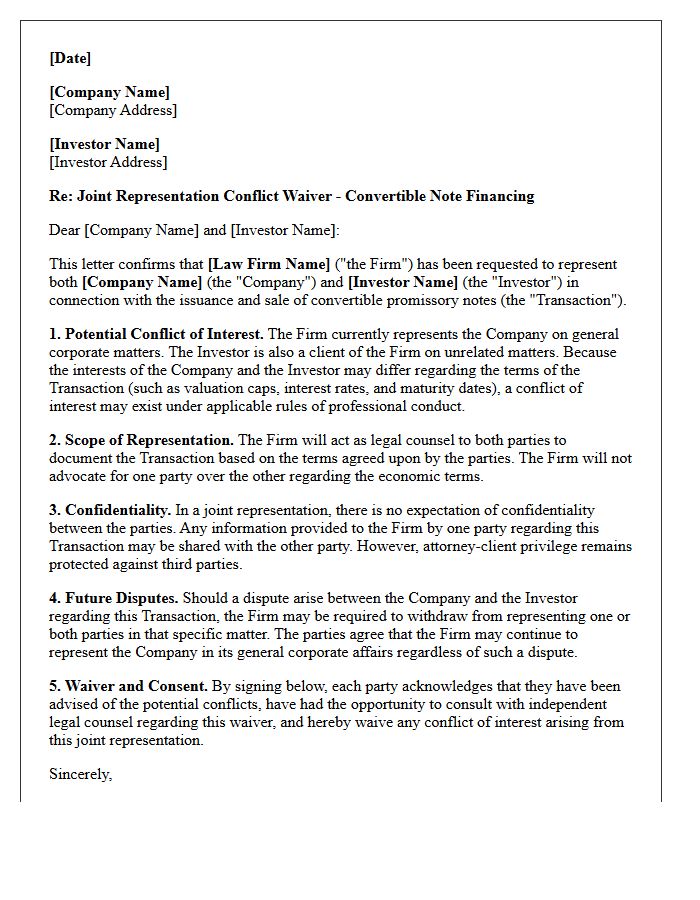 Convertible Note Issuance Joint Representation Conflict Waiver Letter