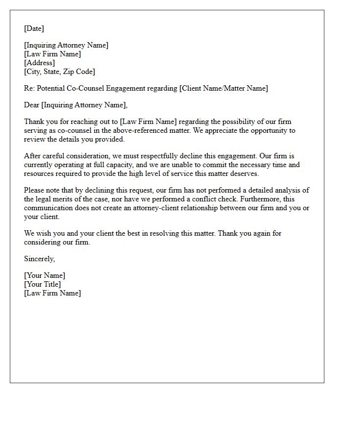 Firm Capacity Constraint Co-Counsel Non-Engagement Letter