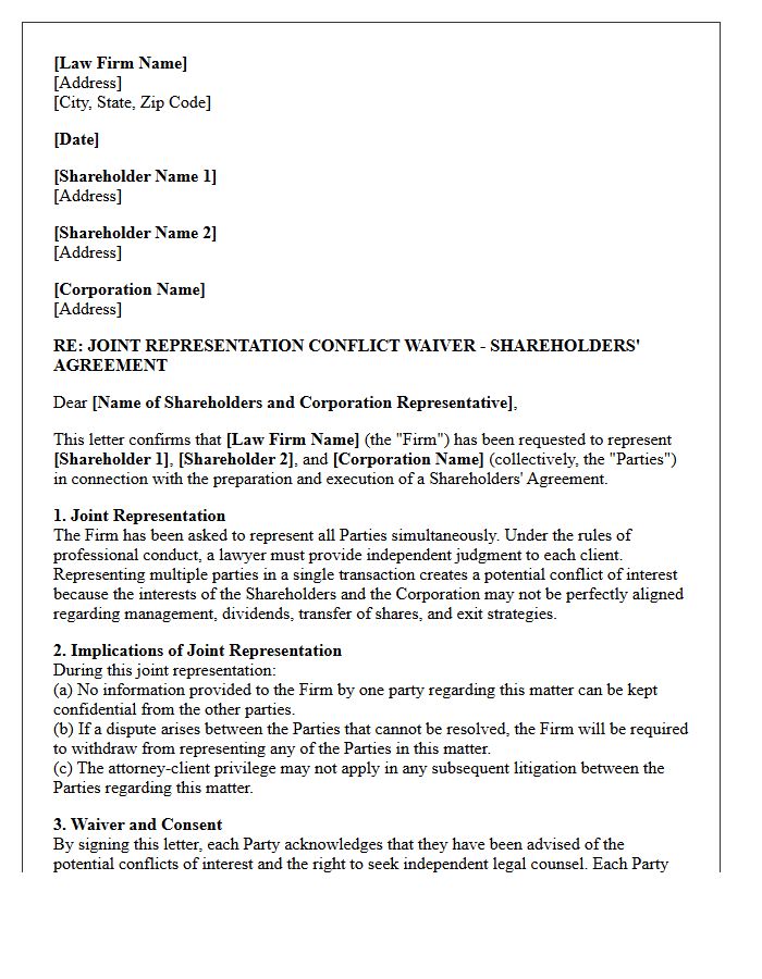 Shareholders Agreement Joint Representation Conflict Waiver Letter