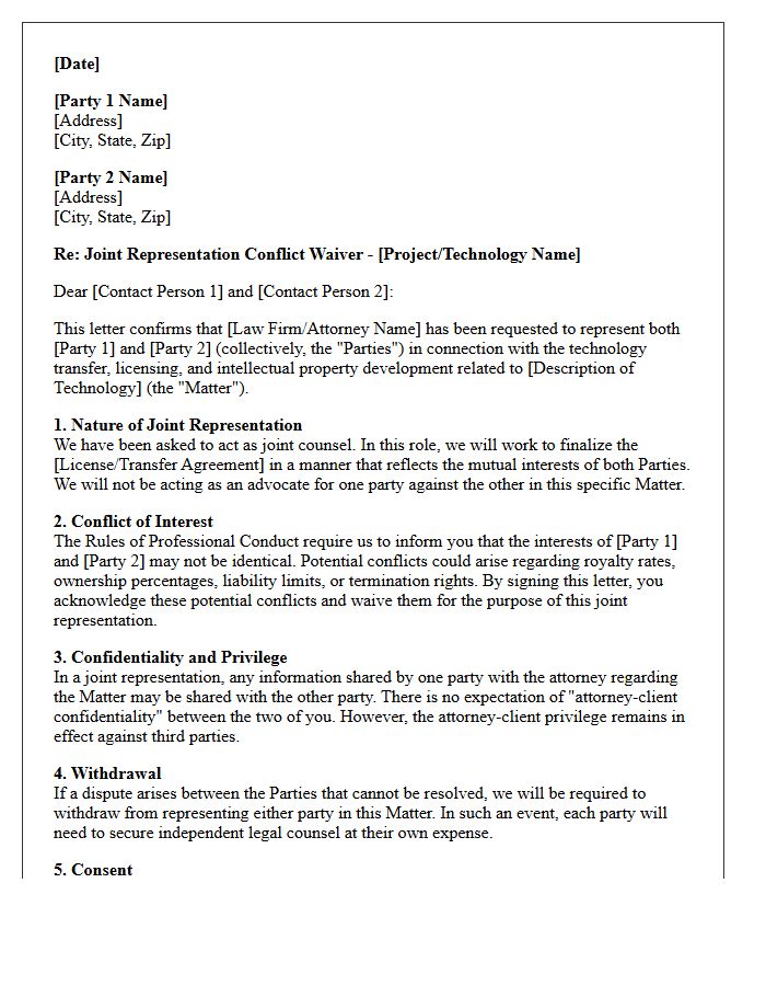 Technology Transfer Joint Representation Conflict Waiver Letter