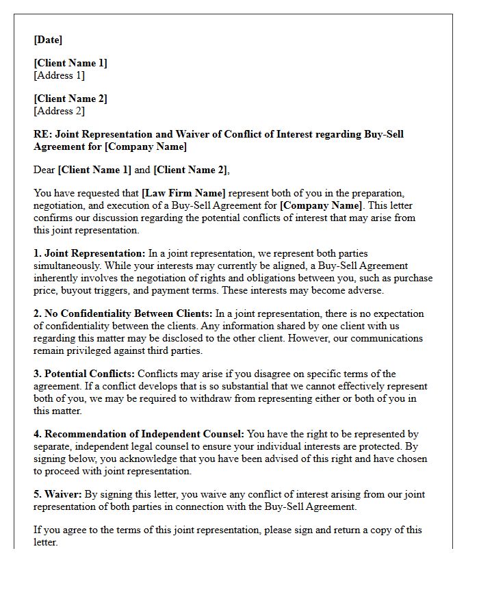 Buy-Sell Agreement Joint Representation Conflict Waiver Letter