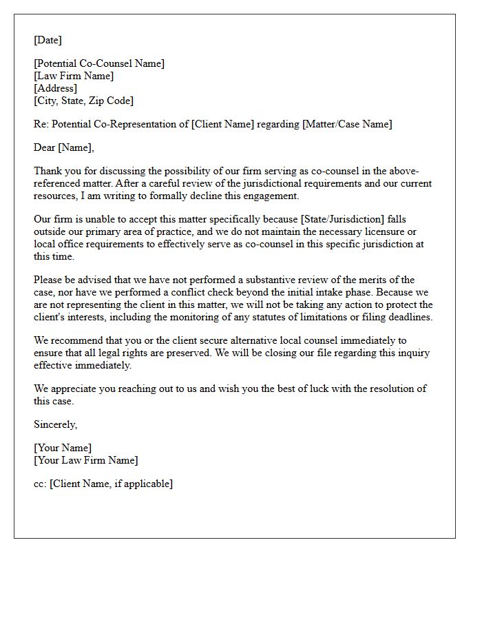 Jurisdictional Limitation Co-Counsel Non-Engagement Letter
