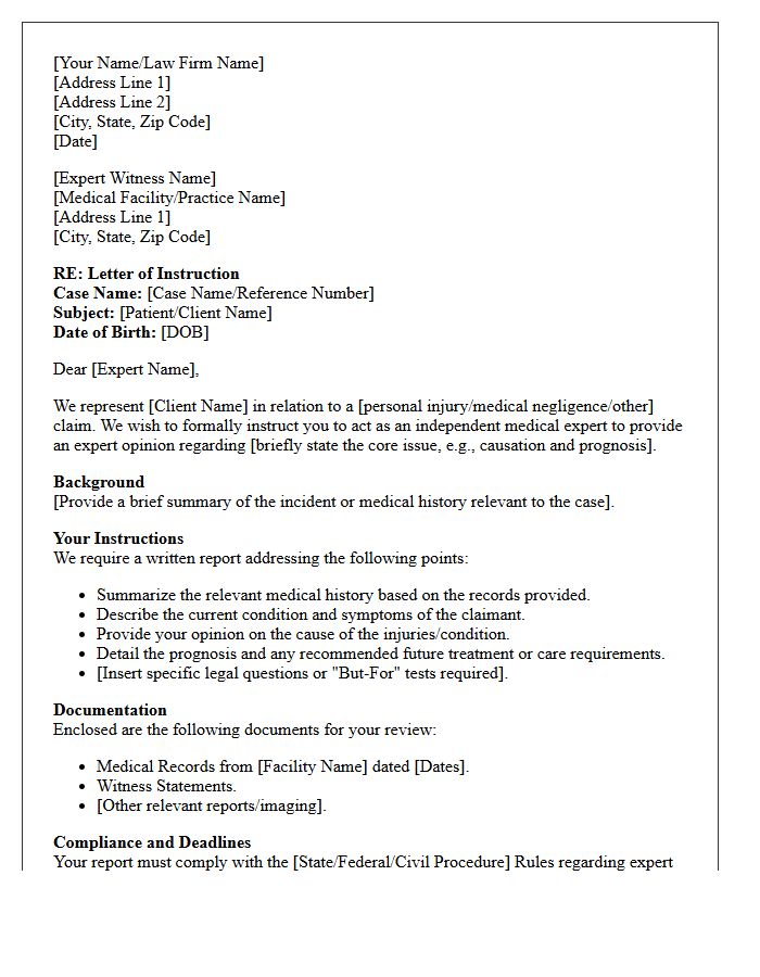 Letter of Instruction to Medical Expert Witness