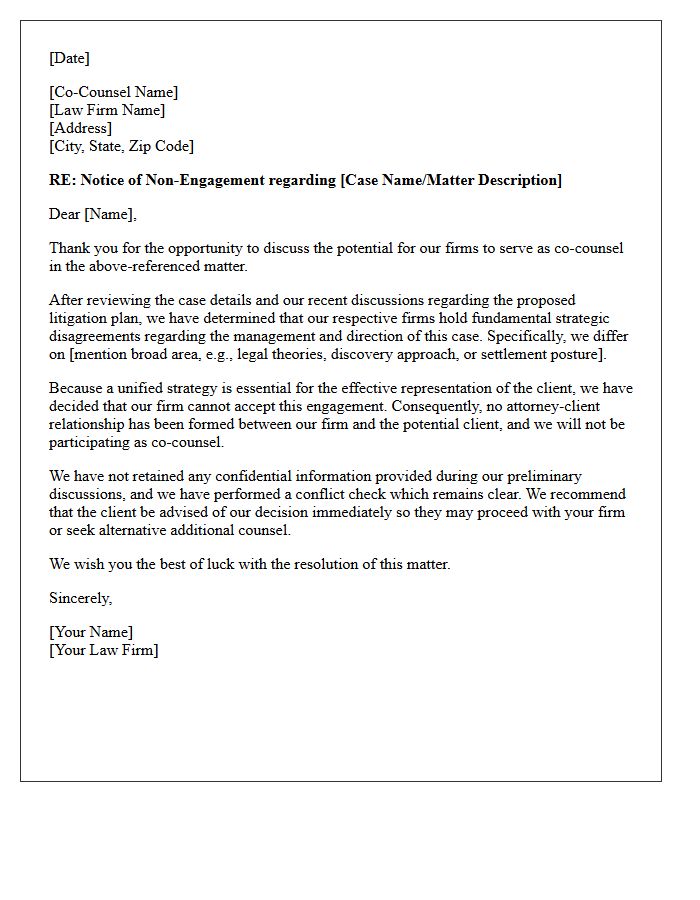 Strategic Disagreement Co-Counsel Non-Engagement Letter
