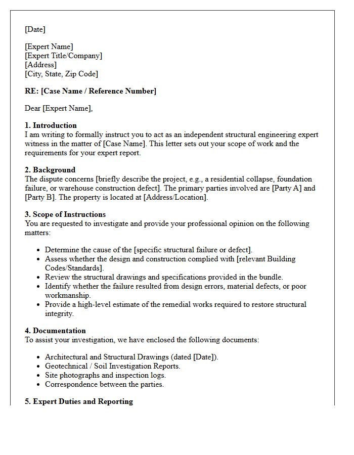 Letter of Instruction to Structural Engineering Expert Witness