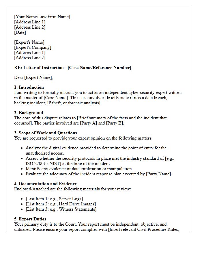 Letter of Instruction to Cyber Security Expert Witness