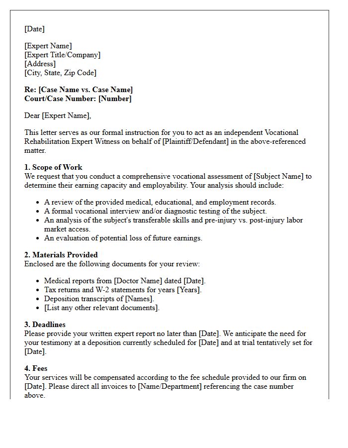 Letter of Instruction to Vocational Rehabilitation Expert Witness