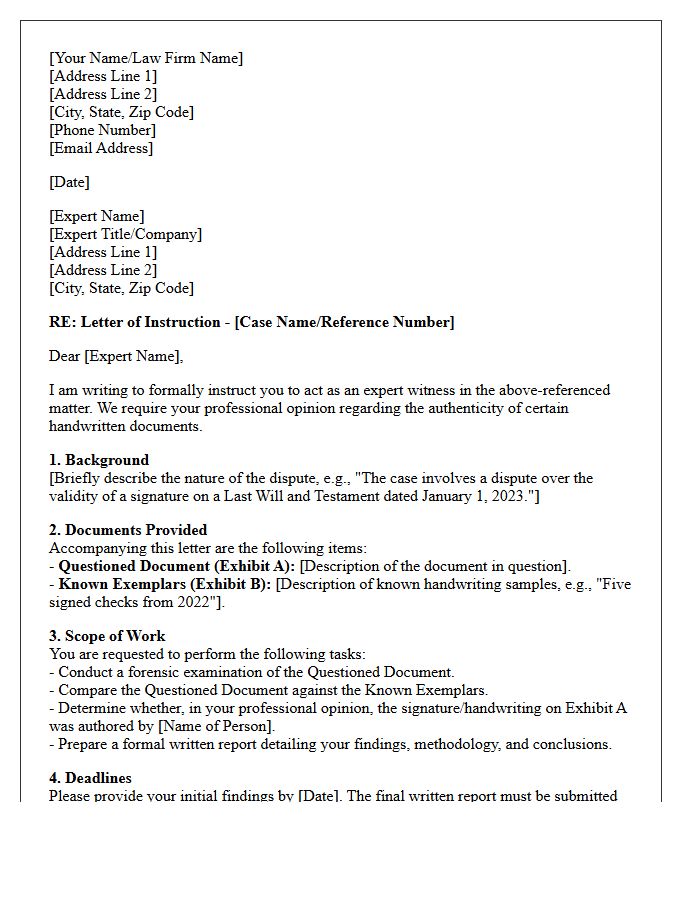 Letter of Instruction to Handwriting Analysis Expert Witness